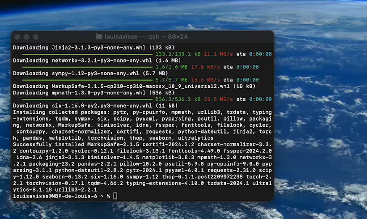 A terminal window installing the Python and PyTorch dependencies of the detection model.