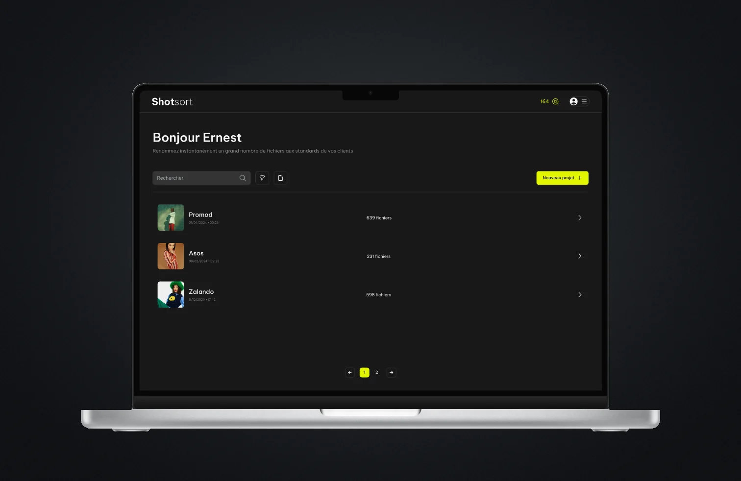 Shotsort home screen listing three projects by brand, each with its file count.