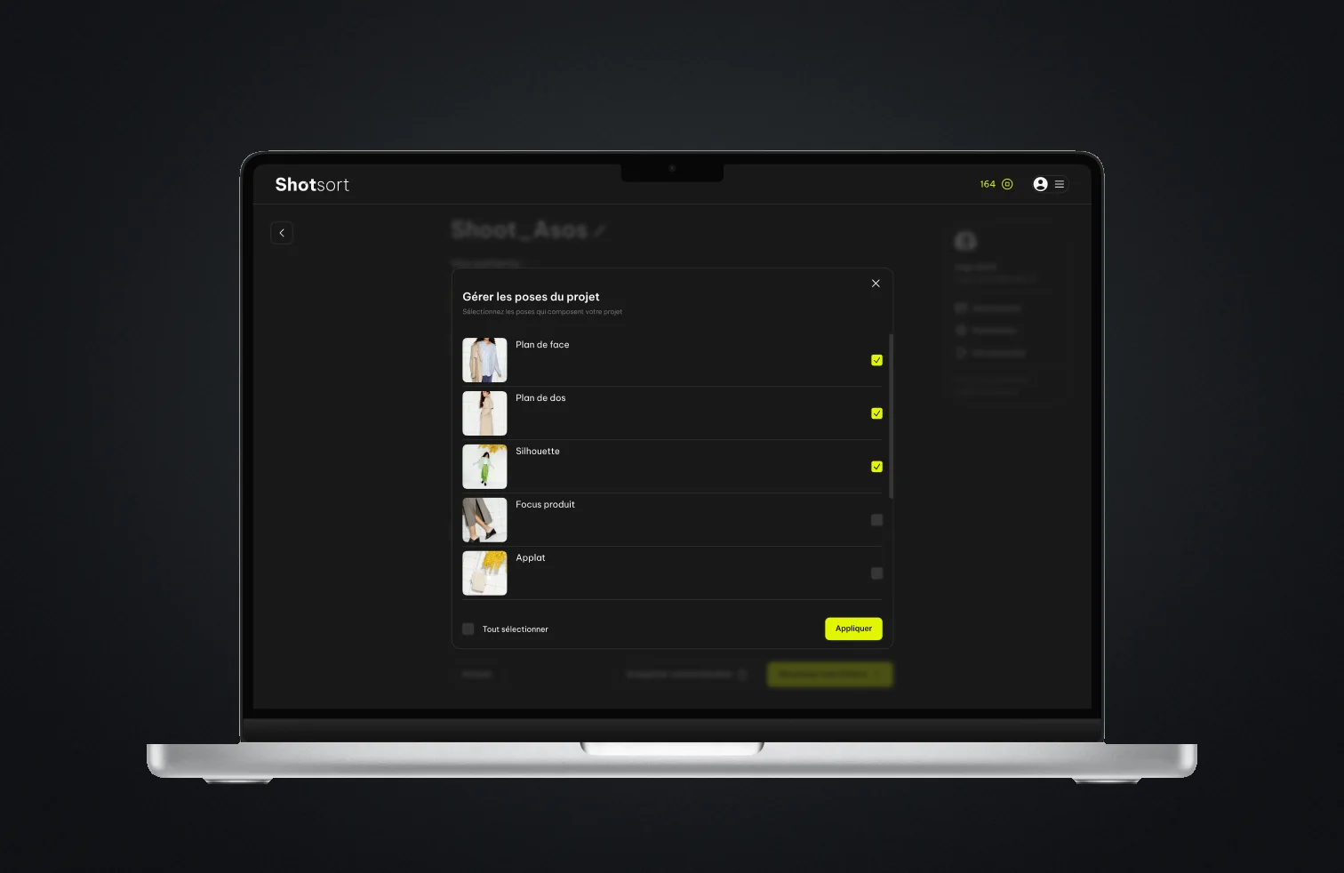 Pose manager open as a modal over the project screen, poses checked one by one.