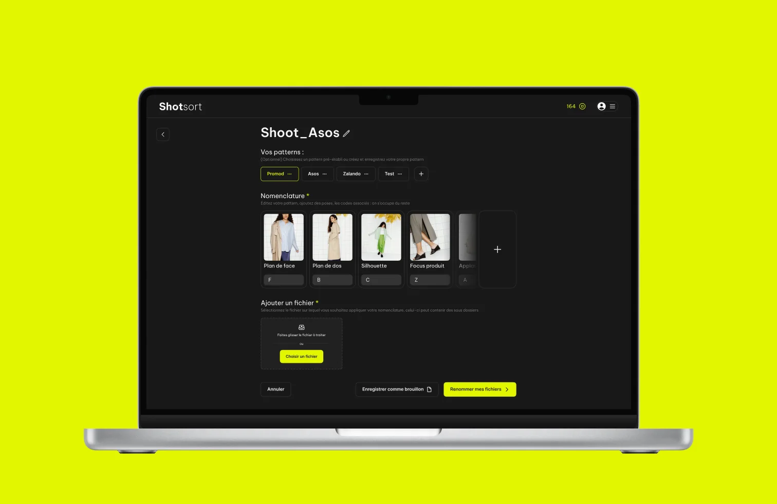 Shotsort project screen: naming patterns per brand, the poses in the shoot, and a drop zone for the files.