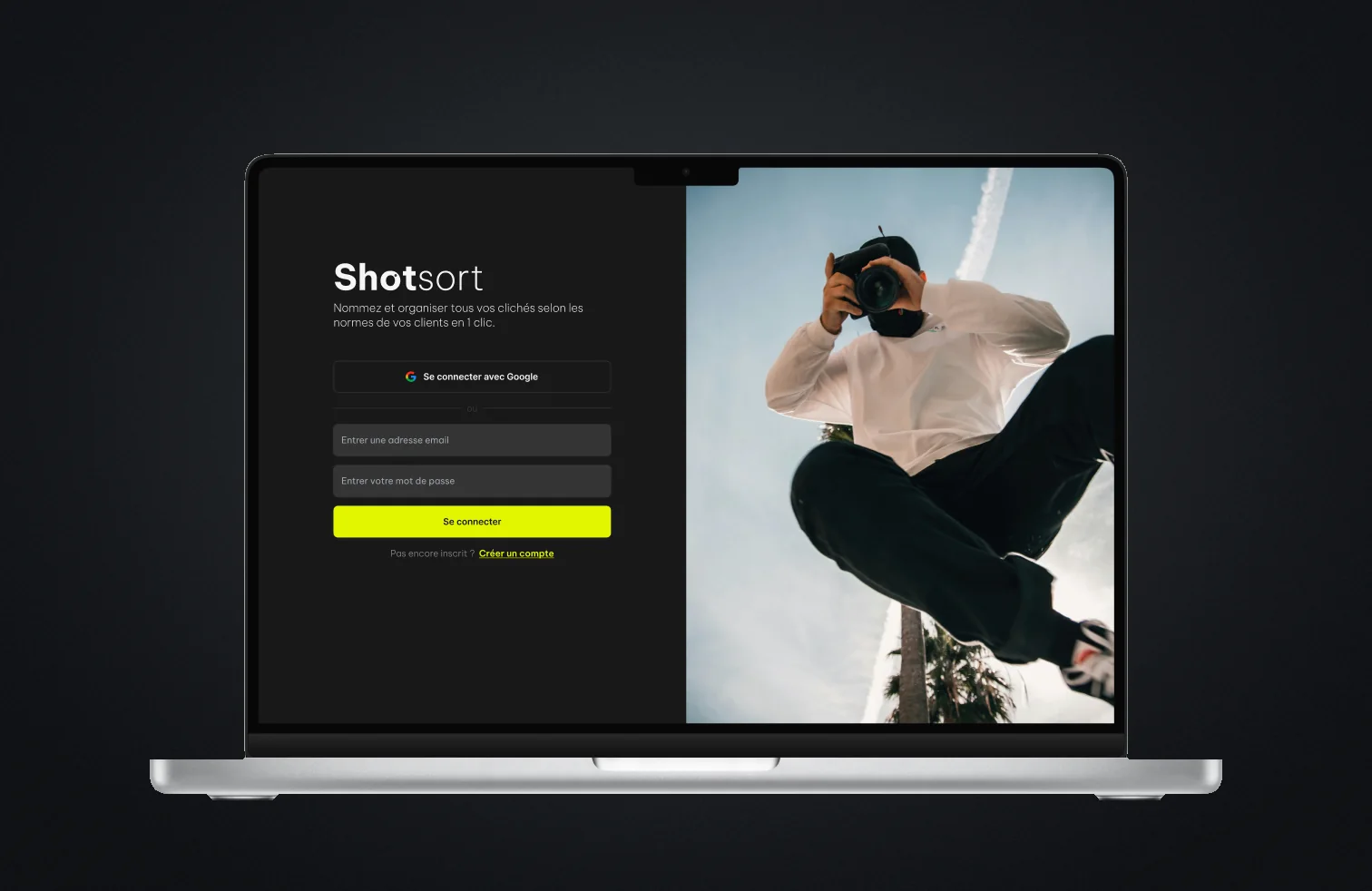 Shotsort sign-in screen, split between the form and a photograph of a photographer at work.